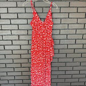 Kaleigh Red Floral Wrap Tie Waist Jumpsuit – Size Medium